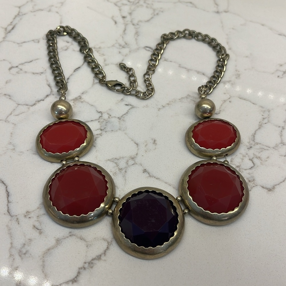 Vintage Brass Tone Necklace with Purple, Cranberry, and Red Beads